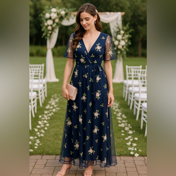 Adrianna Papell Dresses & Skirts - Adrianna Papell Navy Dress with Pink Floral Embroidery